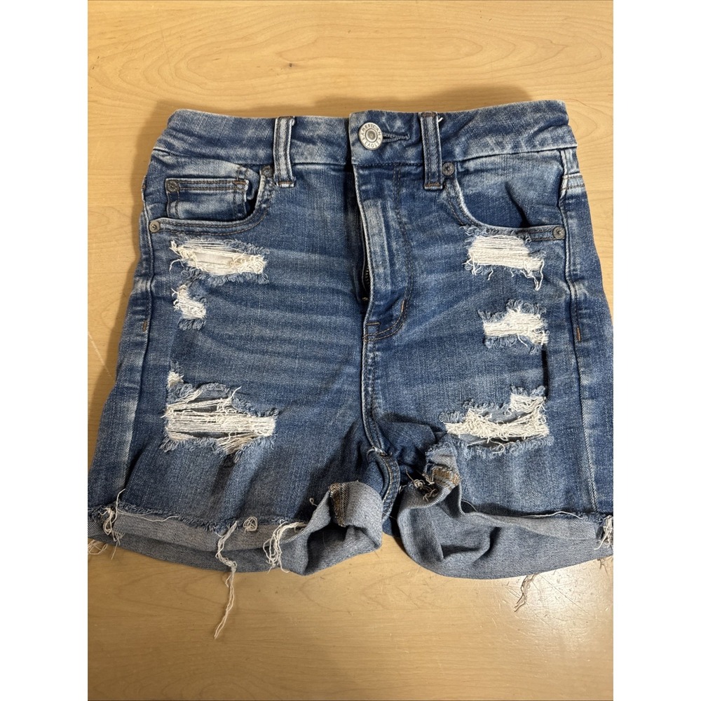 American Eagle Next Level Stretch Hi-Rise Shortie Distressed Denim Shorts Sz‎ 4